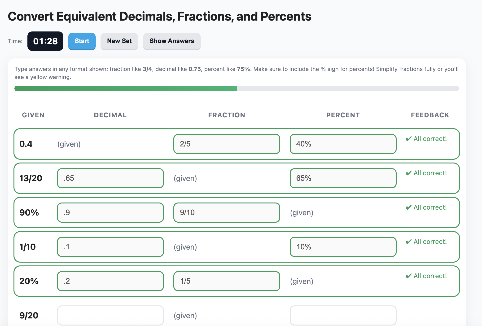 Decimals, Fractions, and Percentage Chart - Interactive